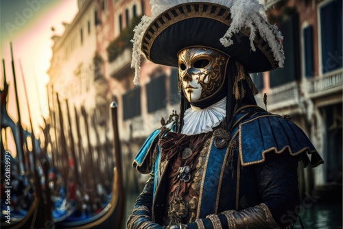 Generative AI photography portrait of person with mask and typical costume of carnival venice, background of the city of venice