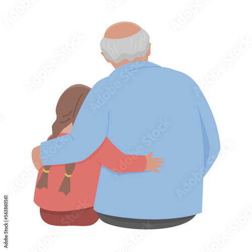 Grandfather is hugging a granddaughter. Back view. Vector isolated color illustration.