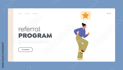 Referral Program Landing Page Template. Young Woman Run with Yellow Star above Head. Customer Review and User Service © Hanna Syvak