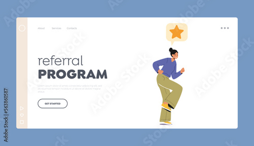 Referral Program Landing Page Template. Young Woman Run with Yellow Star above Head. Customer Review and User Service