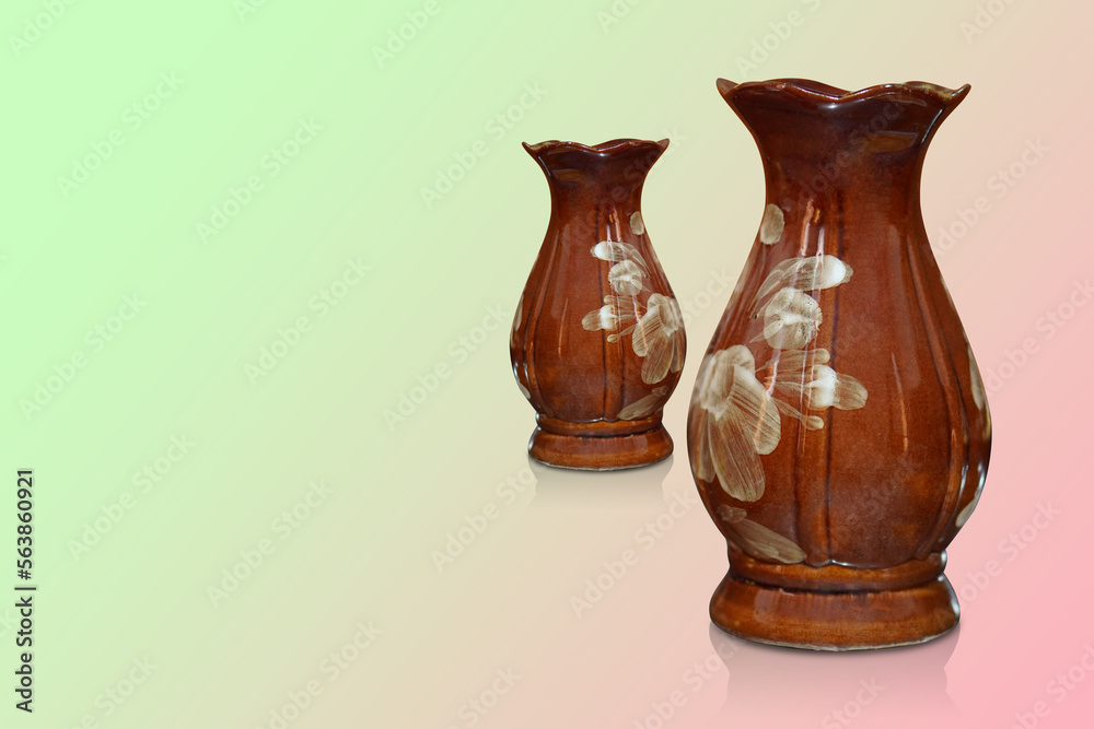 old two ceramic vase on gradient green and pink background, object, fashion, nature, flower, copy space old two ceramic vase on gradient green and pink background, object, fashion, nature, flower, copy space