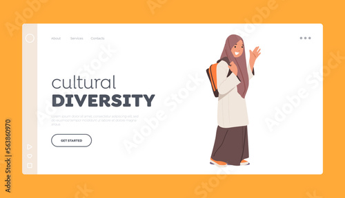 Cultural Diversity Landing Page Template. Arab Schoolgirl Wear National Dress and Rucksack Go School. Arabic Student