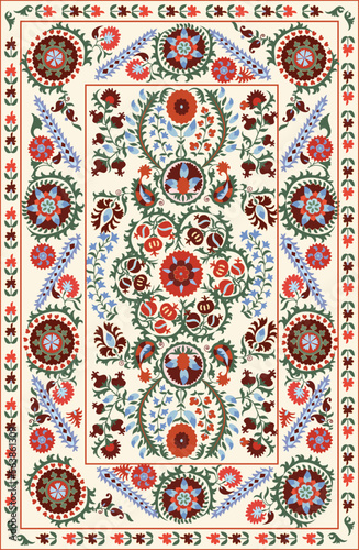 Suzani or suzane - Uzbek pattern carpet, spread in Central Asia, traditional textile product, used now in home decor and fashion industry, embroidery product. Uzbekistan culture	