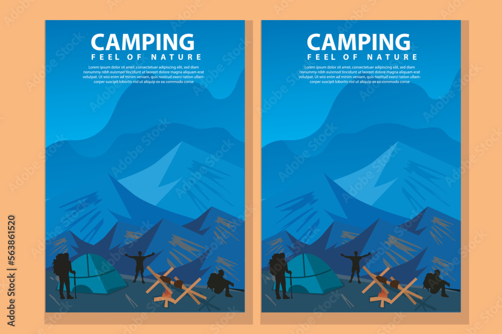 Travel concept of discovering, exploring, observing camping. Hiking. Adventure tourism. Minimalist graphic flyers. flat design for coupon, voucher, gift card, banner. Vector illustration set on eps 10