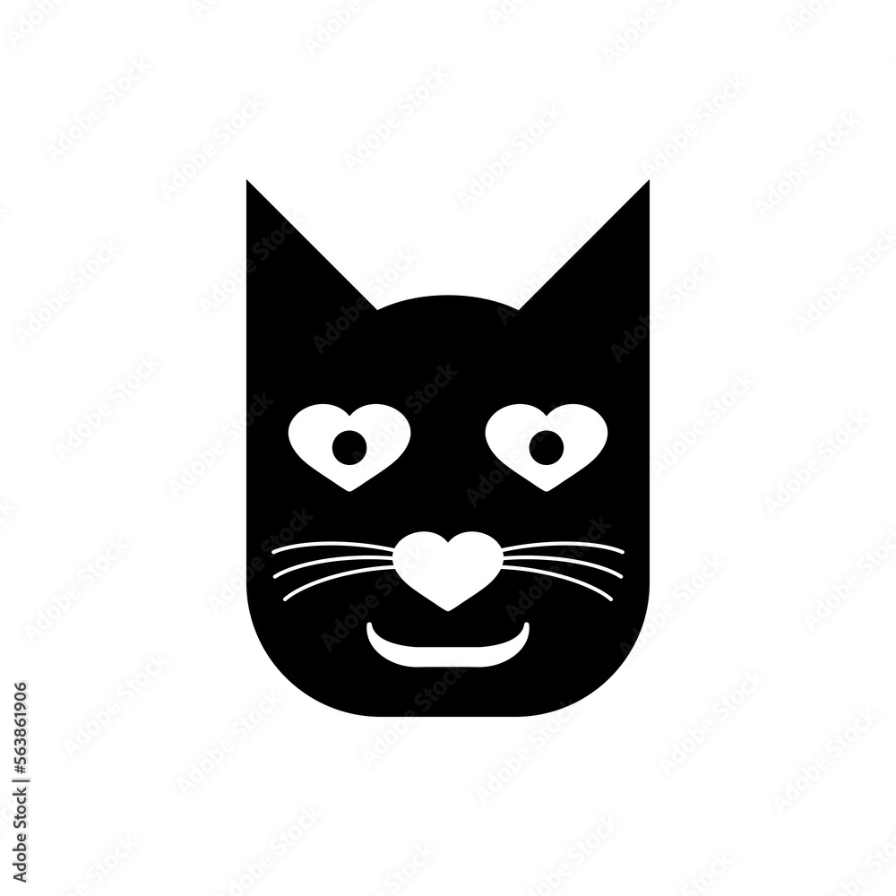 Kind cute cat. Vector logo. Black and white silhouette.
