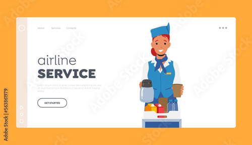 Airline Service Landing Page Template. Stewardess in Uniform with Meals on Tray Serving Passenger. Mealtime in Airplane