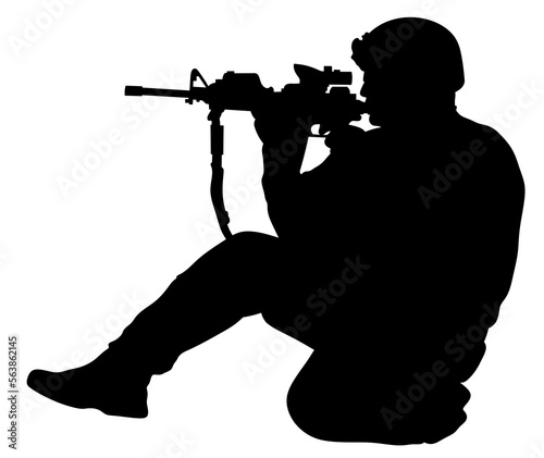 Soldier silhouette. The military man fires a weapon. War. The man is fighting. Soldier shooting training.