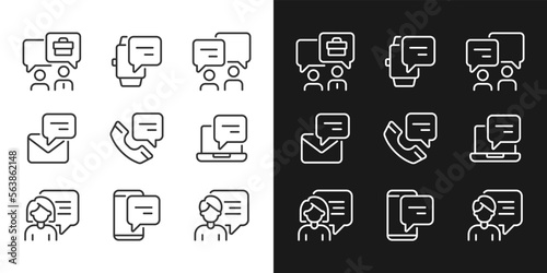 Chat bubbles in business pixel perfect linear icons set for dark, light mode. Communication with speech balloons. Thin line symbols for night, day theme. Isolated illustrations. Editable stroke