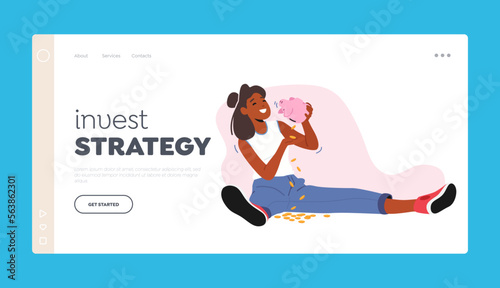 Invest Strategy Landing Page Template. African Female Character Shaking Piggy Bank with Money Falling Down
