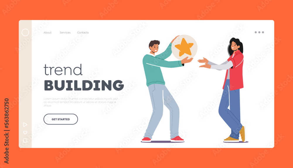 Trend Building Landing Page Template. Virtual Communication In Networks Concept. Man Giving Big Gold Star to Female