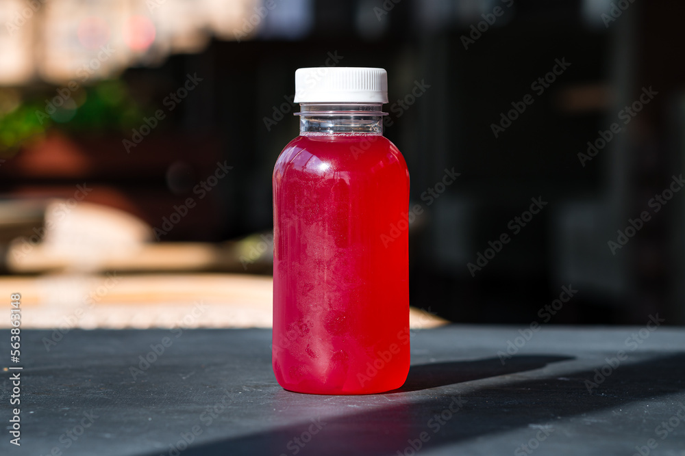 Fresh cranberry juice in a plastic bottle. Fresh cranberry juice in a plastic bottle.