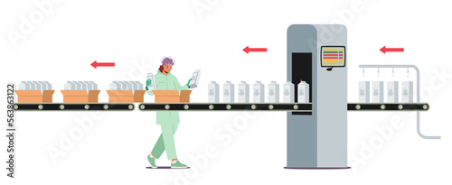 Dairy Food Packaging, Industrial Automation Process. Woman Plant Worker Character Take Milk Packages from Conveyor