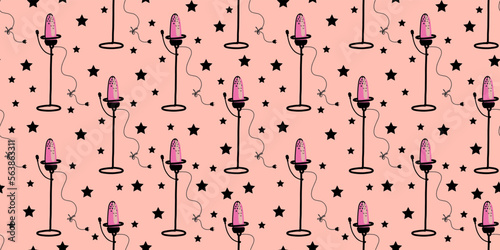 Podcast design. Microphone on a light background pattern.Vector seamless pattern with microphones