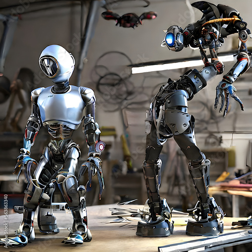 Roboter in einer Werhalle. Ai generiert.