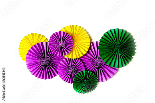 Mardi gras.Holidays mardi gras masquarade  venetian mask fan over purple background. view above mardi gras background copy space Happy Mardi Gras . Fat Tuesday carnival texture golden green purple