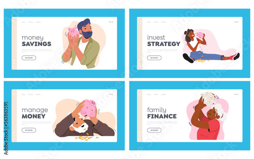 Savings, Budget, Finance Investment Landing Page Template Set. Male and Female Characters Shaking Piggy Bank