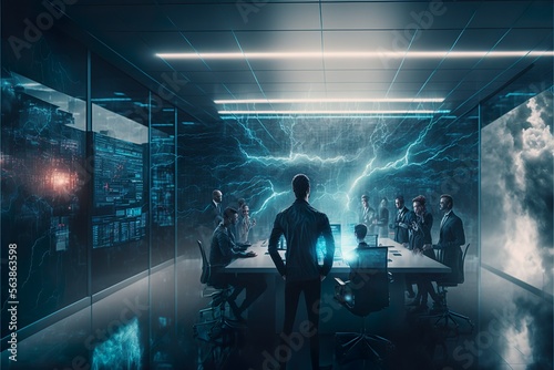 Group of people at secret service meeting, futuristic office with screens, Generative AI