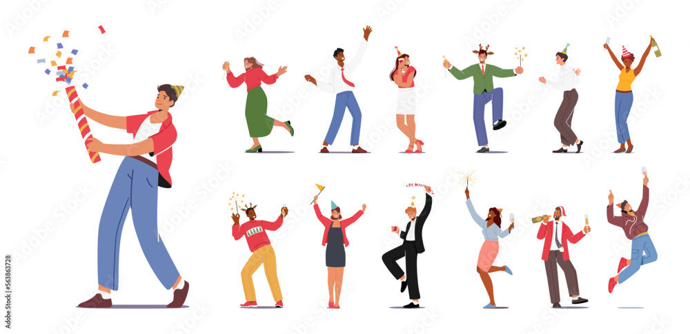 Set of Young People Characters Celebrate Party. Men and Women Holding Wine Glasses and Sparklers Celebrating Holiday Set of Young People Characters Celebrate Party. Men and Women Holding Wine Glasses and Sparklers Celebrating Holiday