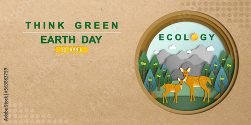 Ecology of Wild animals paper art style, Deers and Forest, Natural botanical, Environment conservation, Sustainable of Ecology concept, Think green nature, Save the planet, Eco friendly and Earth day.