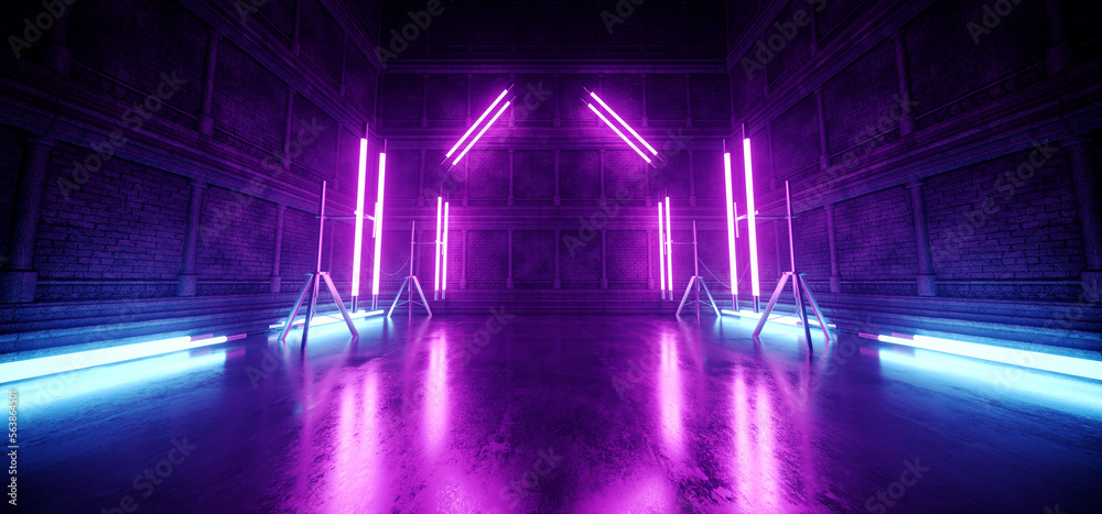 Sci Fi Alien Cyber Dark Stage Podium Hallway Room Corridor Neon Purple Blue Lights On Stands Glossy Concrete Floor Brick Stone Medieval Wall Rough Grunge 3D Rendering