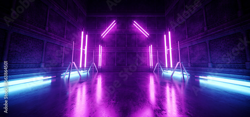 Sci Fi Alien Cyber Dark Stage Podium Hallway Room Corridor Neon Purple Blue Lights On Stands Glossy Concrete Floor Brick Stone Medieval Wall Rough Grunge 3D Rendering © IM_VISUALS