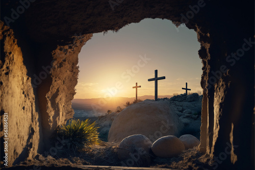Leinwand Poster Resurrection Of Jesus Christ Concept - Empty Tomb With Three Crosses  On Hill At