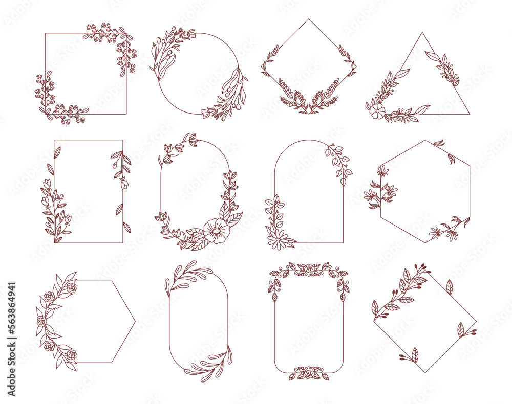 Set of Floral Frames, Elegant Linear Borders with Flowers and Leaves ...