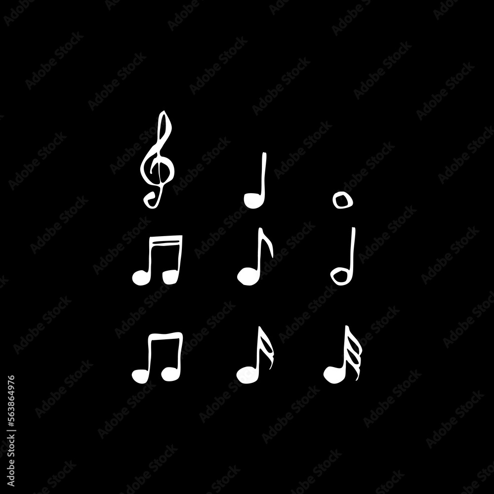 Music notes hand drawn and doodle design set icon isolated on black background. Music notes hand drawn and doodle design set icon isolated on black background.