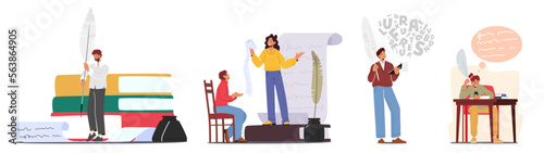 Set Writer or Poets Male and Female Characters Reading And Writing Poetries. Creative Person at Workplace Illustration photo