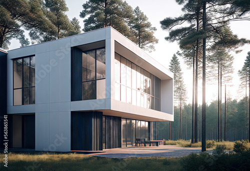 exterior concept sketch of a modern minimalist cozy house in 3d rendering style; Generative AI