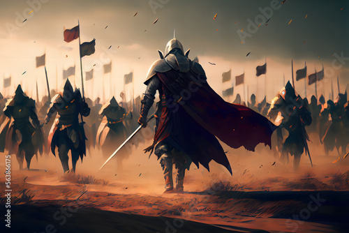 Fantasy medieval battle, knights crossing the desert, there is ice and fire, there is the holy city of Jerusalem in the distance