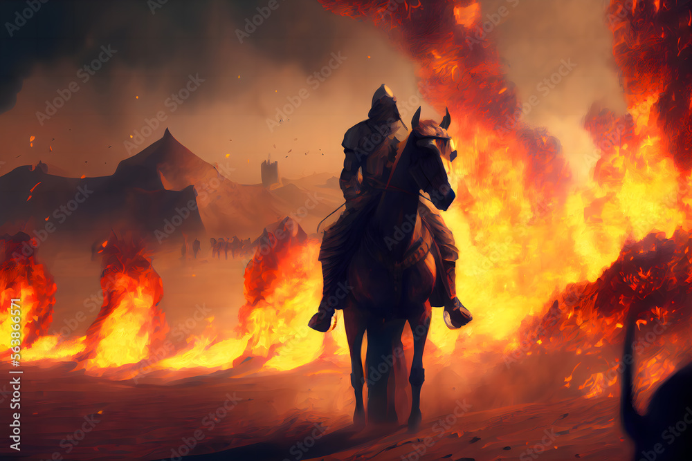 Fototapeta premium Fantasy medieval battle, knights crossing the desert, there is ice and fire, there is the holy city of Jerusalem in the distance