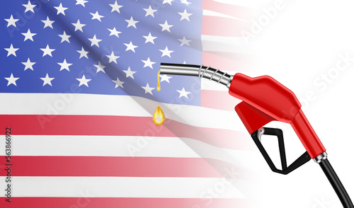 Gasoline fuel pump nozzle with drop oil on USA flag background. EPS10 vector