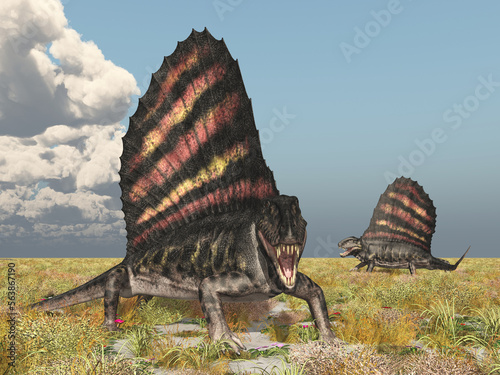 Pelycosaurier Dimetrodon in einer Landschaft photo