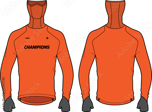 Long sleeve Compression running base layer top t shirt with thumb hole and Hood face cover design flat sketch illustration, Sports jersey Active wear compression top concept with front and back view