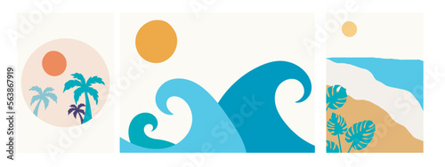 Collection of modern simple abstract landscapes in boho style: sandy beach, monstera leaves, palm trees and sea waves on a colored background