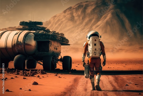 Fotobehang astronaut outside rover on mars made with generative ai