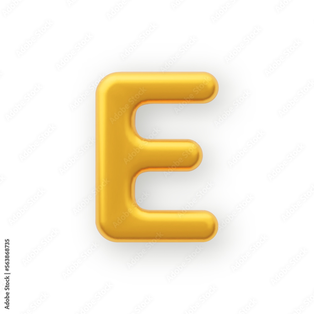 3D Gold uppercase letter E on a white background. 3D Gold uppercase letter E on a white background.