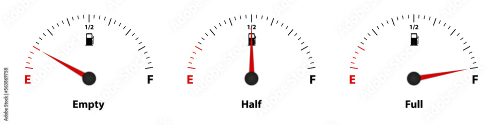 Different Illustration Of Fuel Gauge Meter Empty, Half And Full Different Illustration Of Fuel Gauge Meter Empty, Half And Full