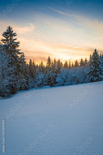 Sonnenuntergang über Wald und Schnee Landschaft © kentauros