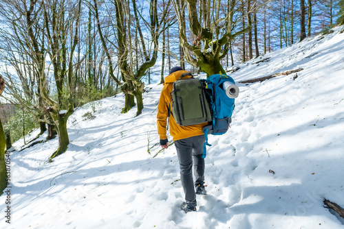 Hiker with two backpacks on a snow trek, winter adventures in a beech forest