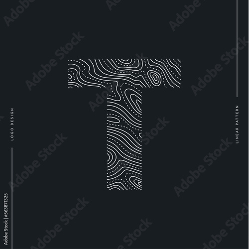 Letter T logo of topographic line map. Wood rings, vector line pattern of shape countour. Outline pattern for outdoor logo templates. Contours of tree, concepts for geographic logotype