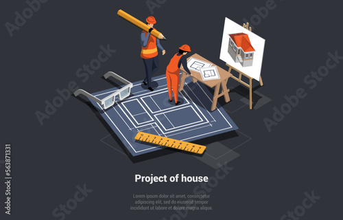 Concept Of 3D Design And Freelance Work. Man Architect Of 3D Graphic Design Making Blueprint Or Mock up Of House. 3D Learning Courses, School For Interior Design. Isometric 3d Vector Illustration