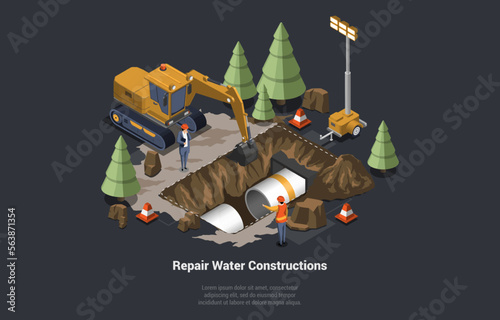 Broken Sewer and Water Supply. Pipeline for Various Purposes. City Engineering Network. Utility Services Repairing Pipeline Of Sewerage. Underground Part of System. Isometric 3d Vector Illustration