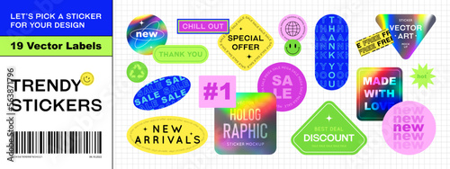Trendy sale stickers. Retro labels design, holographic foil textures. Stickers pack for sale or discount promotions templates. Modern badge collection.