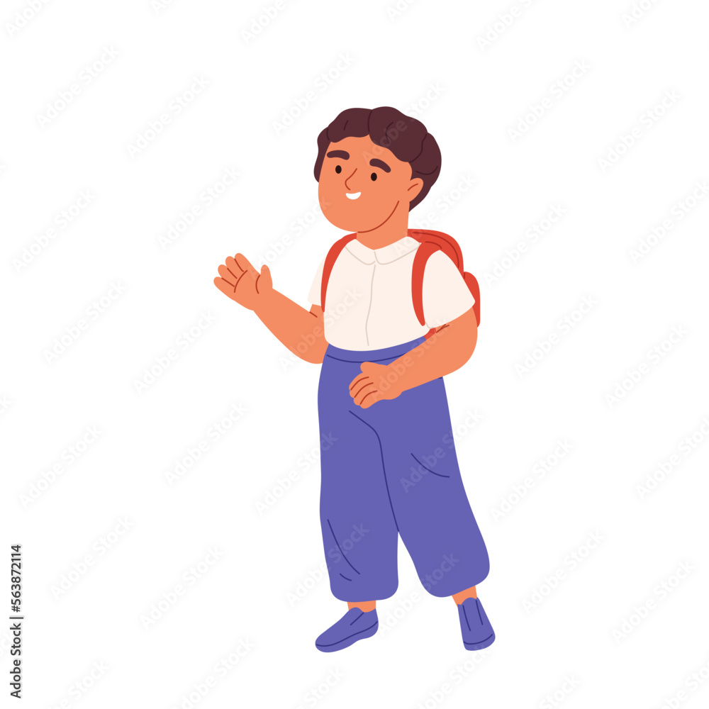 Cute boy go to school in morning waving hands to parents. Happy schoolboy with backpack Cute boy go to school in morning waving hands to parents. Happy schoolboy with backpack