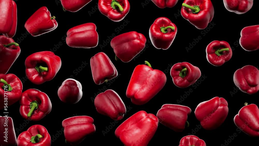 Looping animation featuring a cloud of Red Bell Peppers floating in place on an alpha transparent background.