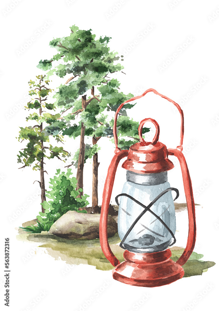 Hiking lantern near the camping place . Hand drawn watercolor illustration isolated on white background