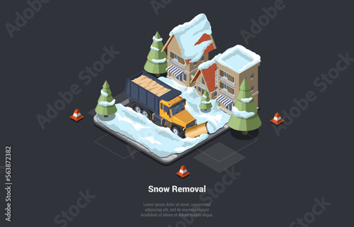 Concept Of Snow Removal Service. Winter Highway Snowplow Truck And Snow Cleaning Service Removes Snow And Ice From The Street Near Hotel And Residential Area. Isometric 3d Cartoon Vector Illustration
