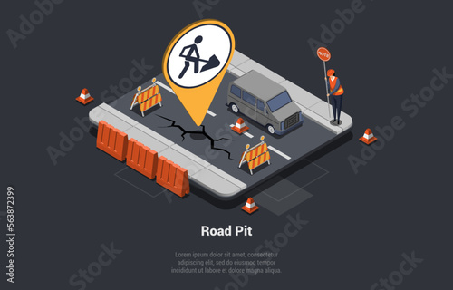 Road Works, Construction Industry And Asphalt Paving. Worker In Uniform Install Construction Sign At closed Section of Road for Repair. ar Riding in an Open Lane. Isometric 3d Vector Illustration